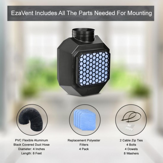 EzaVent Indoor Dryer Full Set Vent with 4 Filters, 8ft PVC - PVC Aluminium Duct Hose and Fittings - 1 Year Warranty (Black)